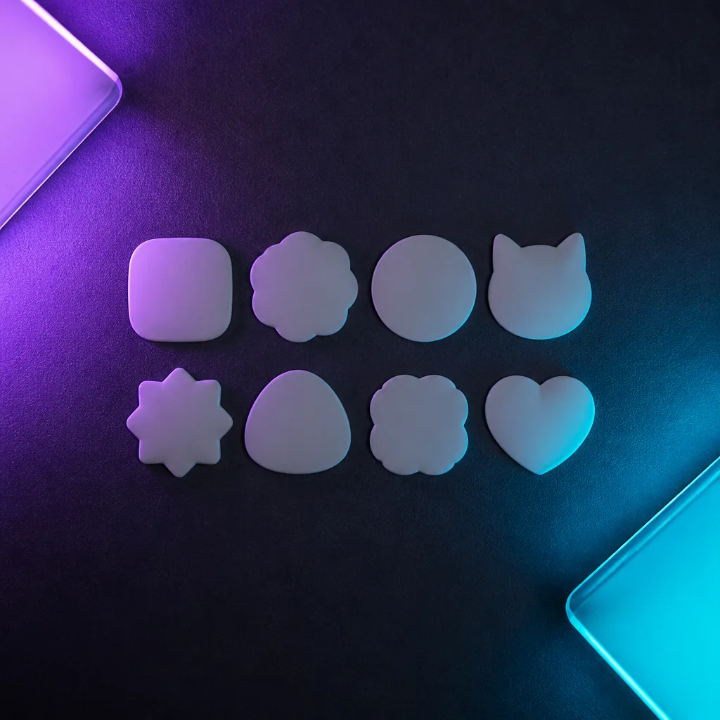 Grilla de stickers en blanco con luz violeta y cian