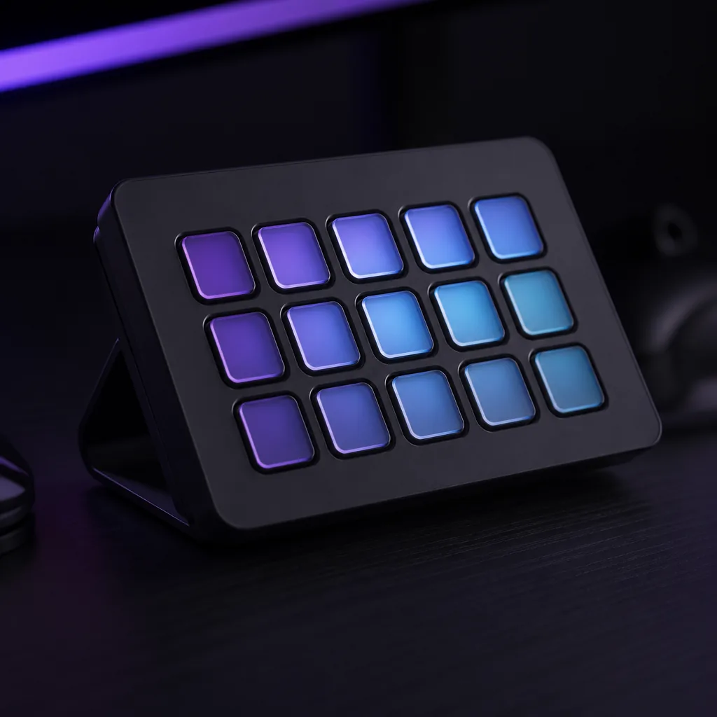 Stream deck con teclas iluminadas en violeta