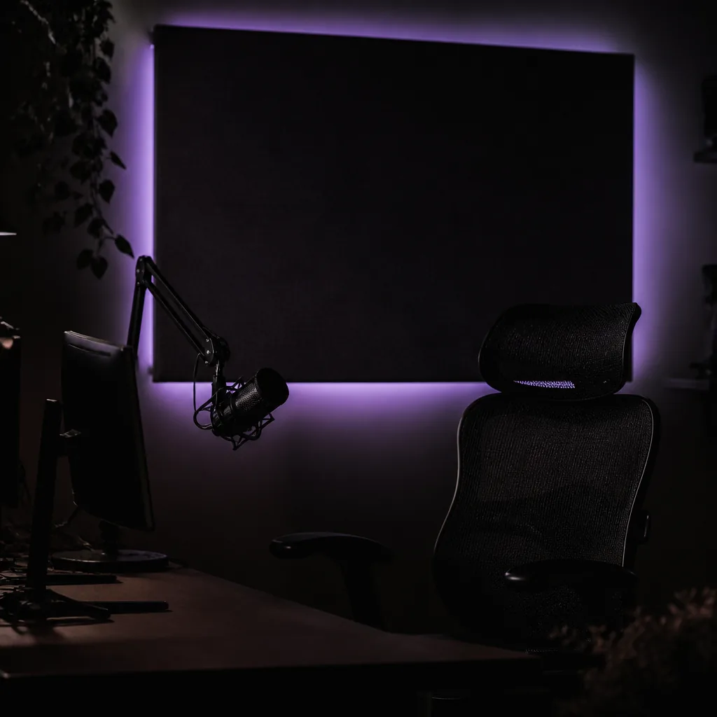 Rincón de streaming con tira LED violeta